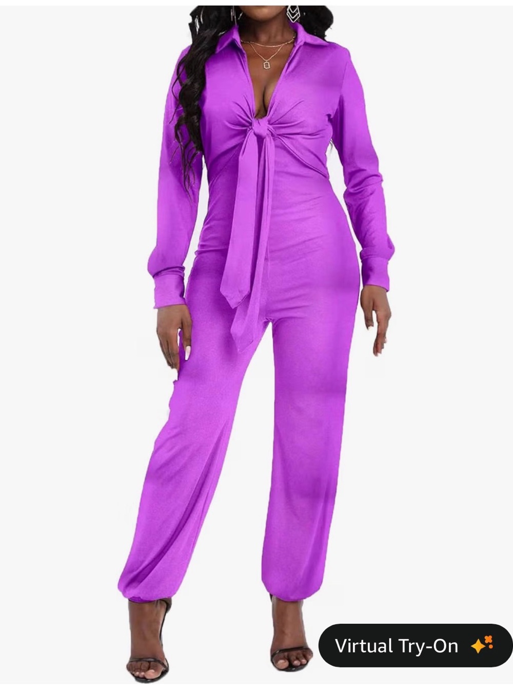 Purple Long-Sleeve Tie-Front Jumpsuit